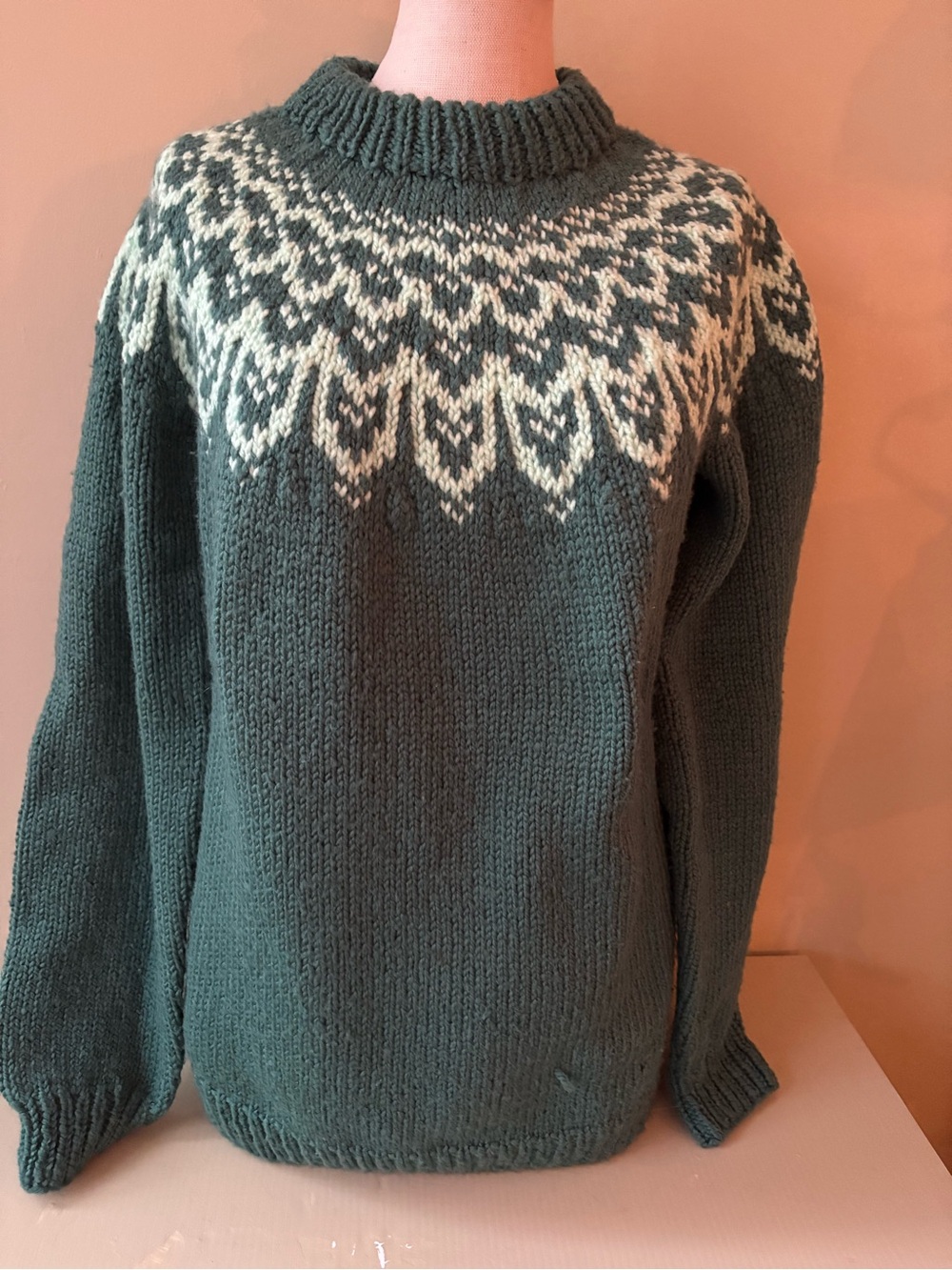 Handmade Forest Green light green Fair Isle crewneck  Sweater